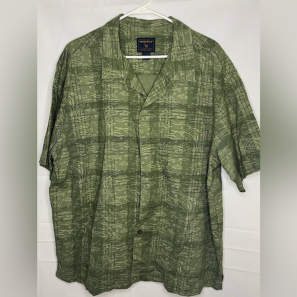 Woolrich Palm Fish Green Short Sleeve Button Up Size XL